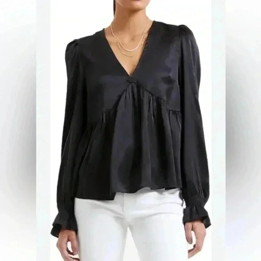 [M] French Connection  Inu Long Sleeve Black Satin Blouse